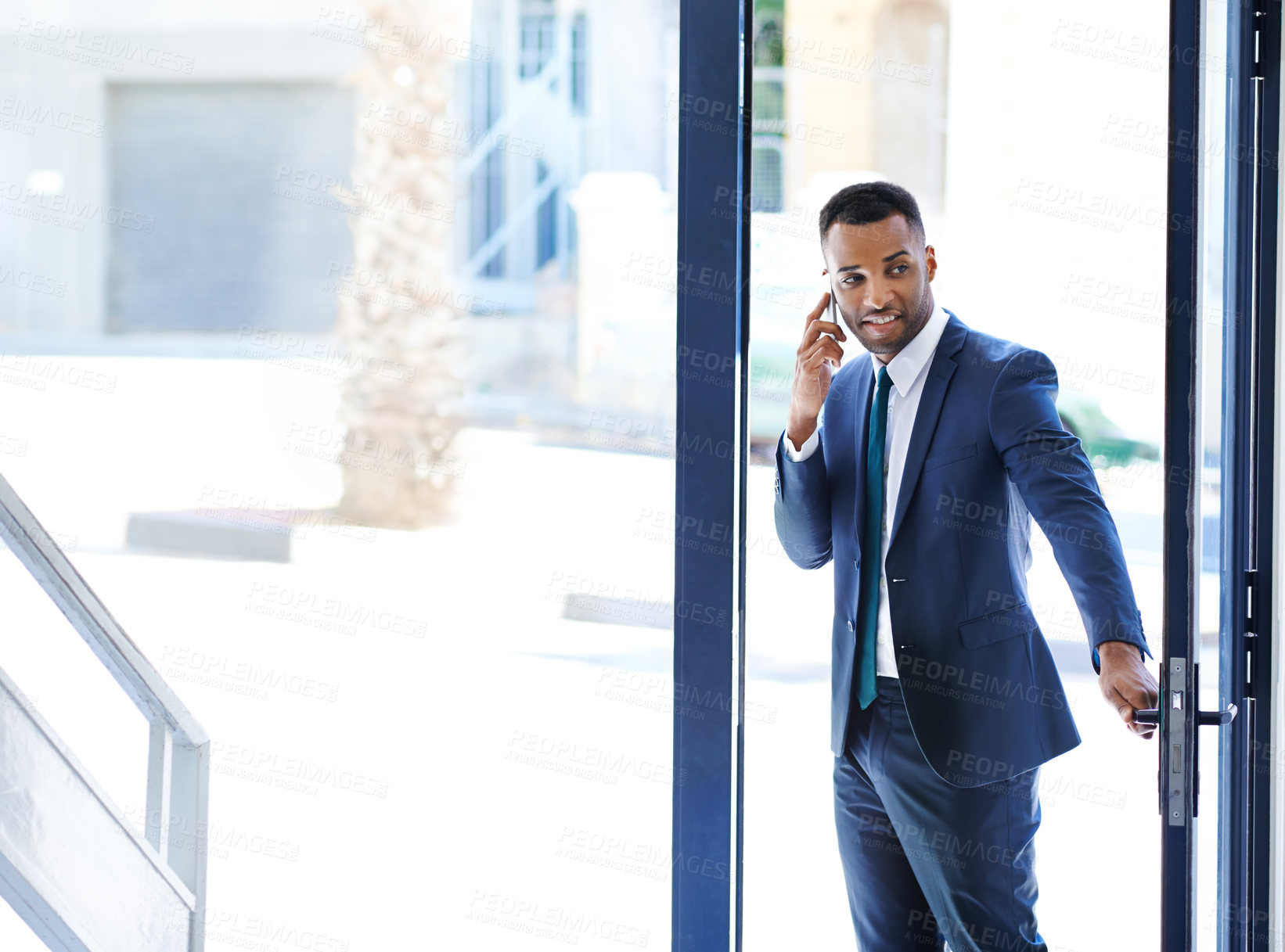 Buy stock photo Black man, business and phone call at work in communication, networking or connection. Male person, mobile and office as insurance agent for company, financial firm or corporate for future investment