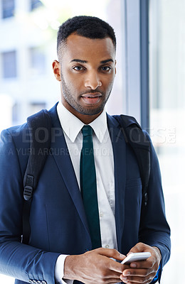 Buy stock photo Portrait, business and black man with smartphone, typing and internet with financial advisor. African person, worker and accounting with cellphone, check income and digital app for mobile trading