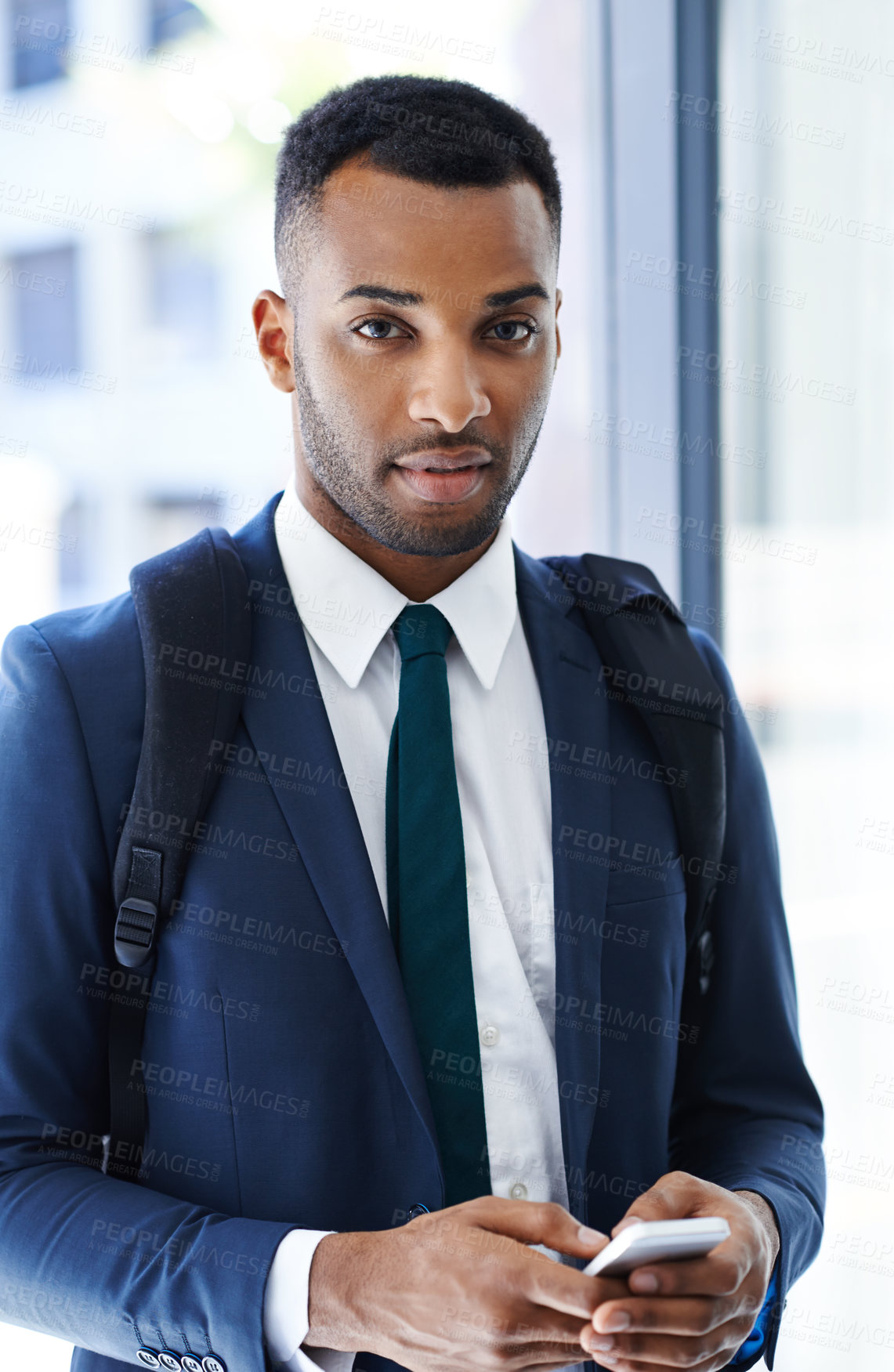 Buy stock photo Portrait, business and black man with smartphone, typing and internet with financial advisor. African person, worker and accounting with cellphone, check income and digital app for mobile trading