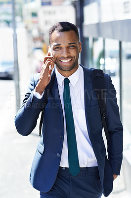 Buy stock photo Portrait, phone call and black man in city for business, deal or consulting outdoor. Face, street and happy entrepreneur on mobile in suit for listening to conversation, news or travel with salesman