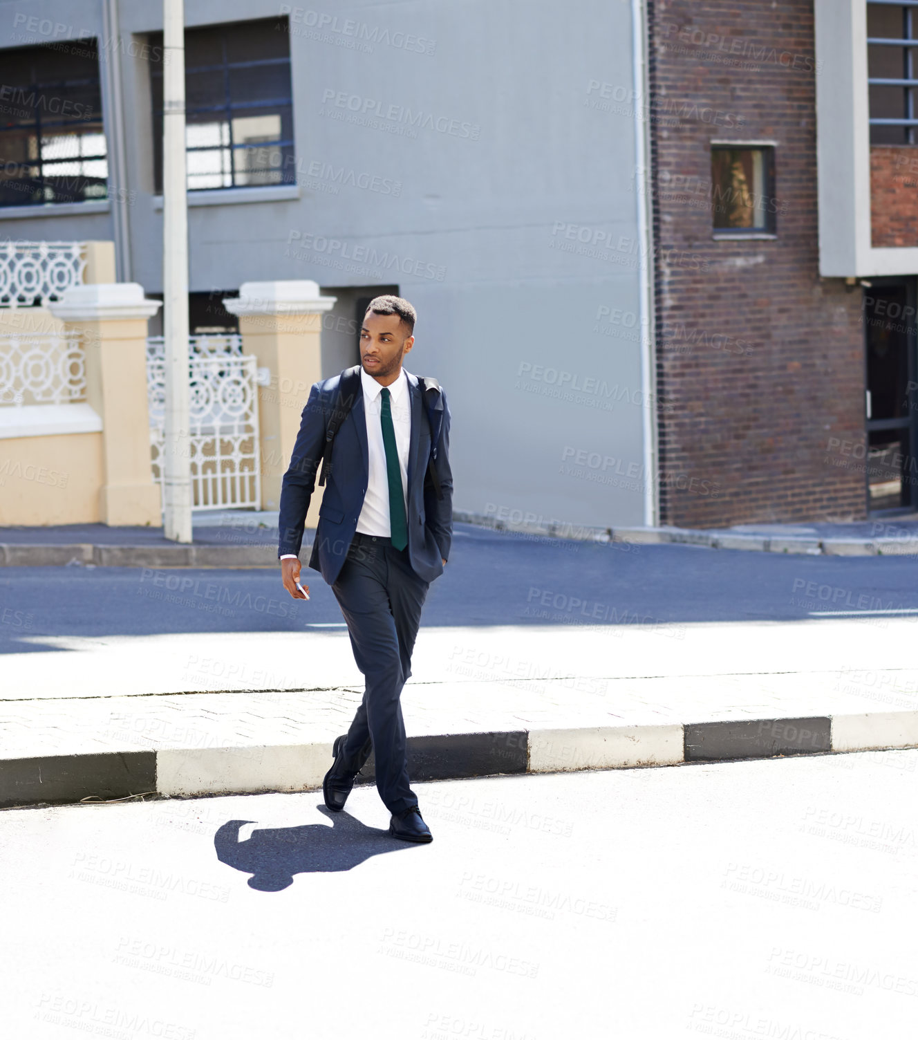 Buy stock photo Black man, street and walking to work in city with morning commute, pedestrian and sustainable travel. African employee, lawyer and crossing urban road for office job, outdoor and journey on asphalt