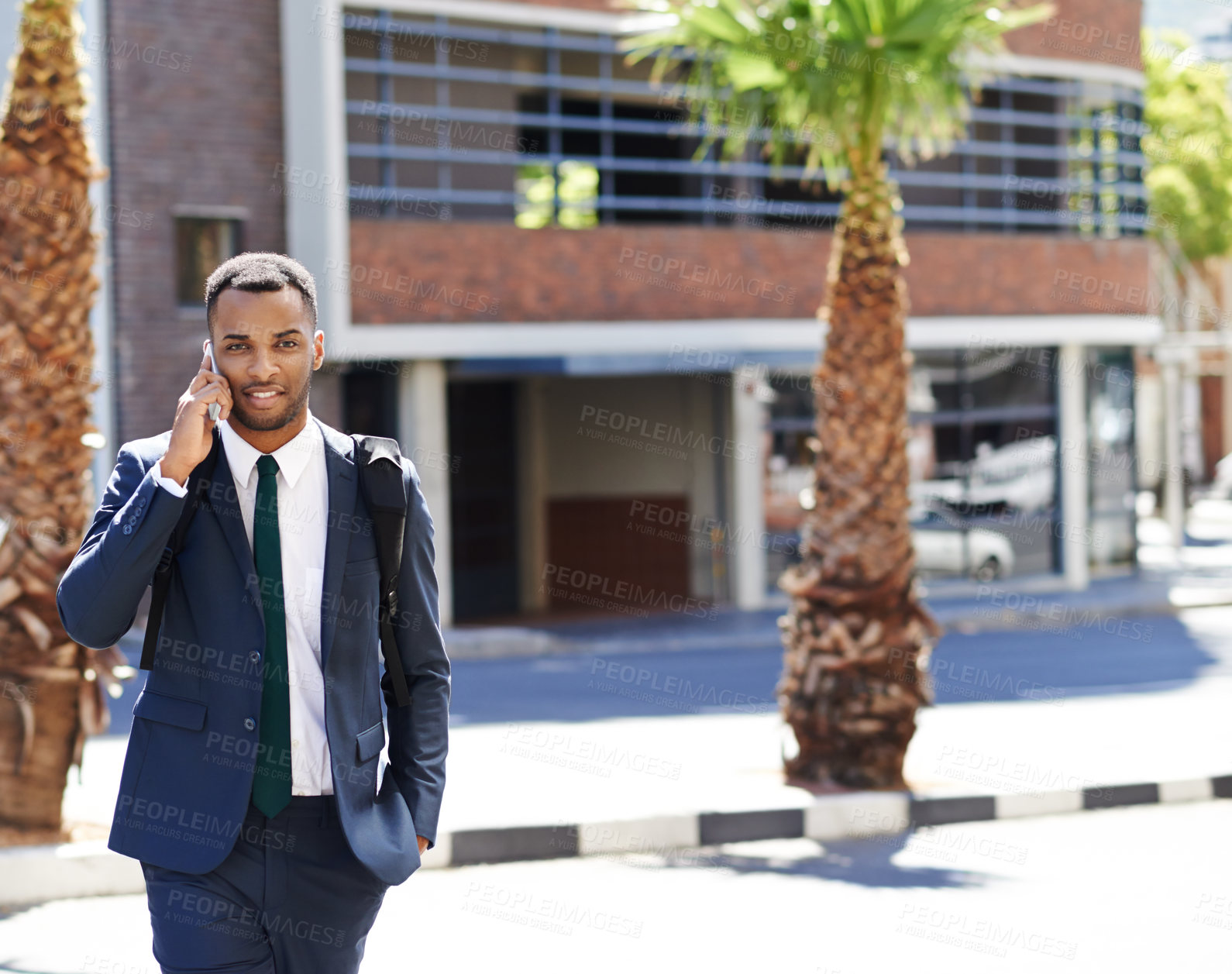 Buy stock photo Portrait, phone call and black man in street for business, consulting or commute outdoor. Face, city or entrepreneur in suit with mobile for listening to conversation, news or salesman travel to work