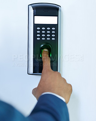 Buy stock photo Fingerprint, password and hand of employee, security and identity for access of office or business. Digital, press and person with scanner, lock and professional with technology, protection for firm