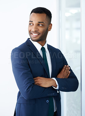 Buy stock photo Black businessman, thinking and confidence in ideas with arms crossed and investment banking career choice. Finance, proud broker and African banker in corporate institution with smile and decision