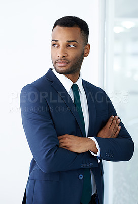 Buy stock photo Black businessman, finance or thinking of ideas with arms crossed, skills or investment banking career choice. Financial advisor, proud broker or African banker in corporate institution with decision