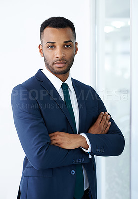 Buy stock photo Portrait, arms crossed and black man in office with suit for corporate career, job or pride. Face, business and confident professional entrepreneur, worker and insurance agent in workplace in Nigeria