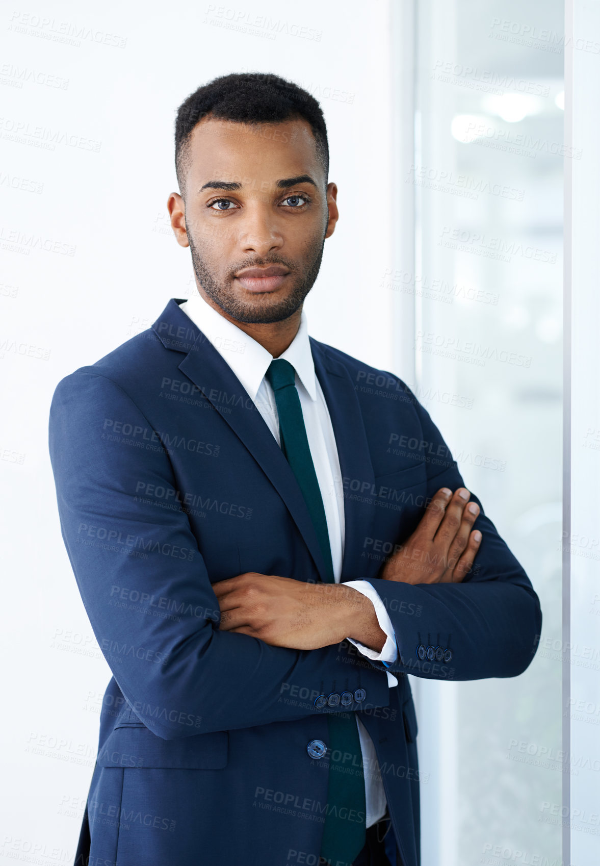 Buy stock photo Portrait, arms crossed and black man in office with suit for corporate career, job or pride. Face, business and confident professional entrepreneur, worker and insurance agent in workplace in Nigeria