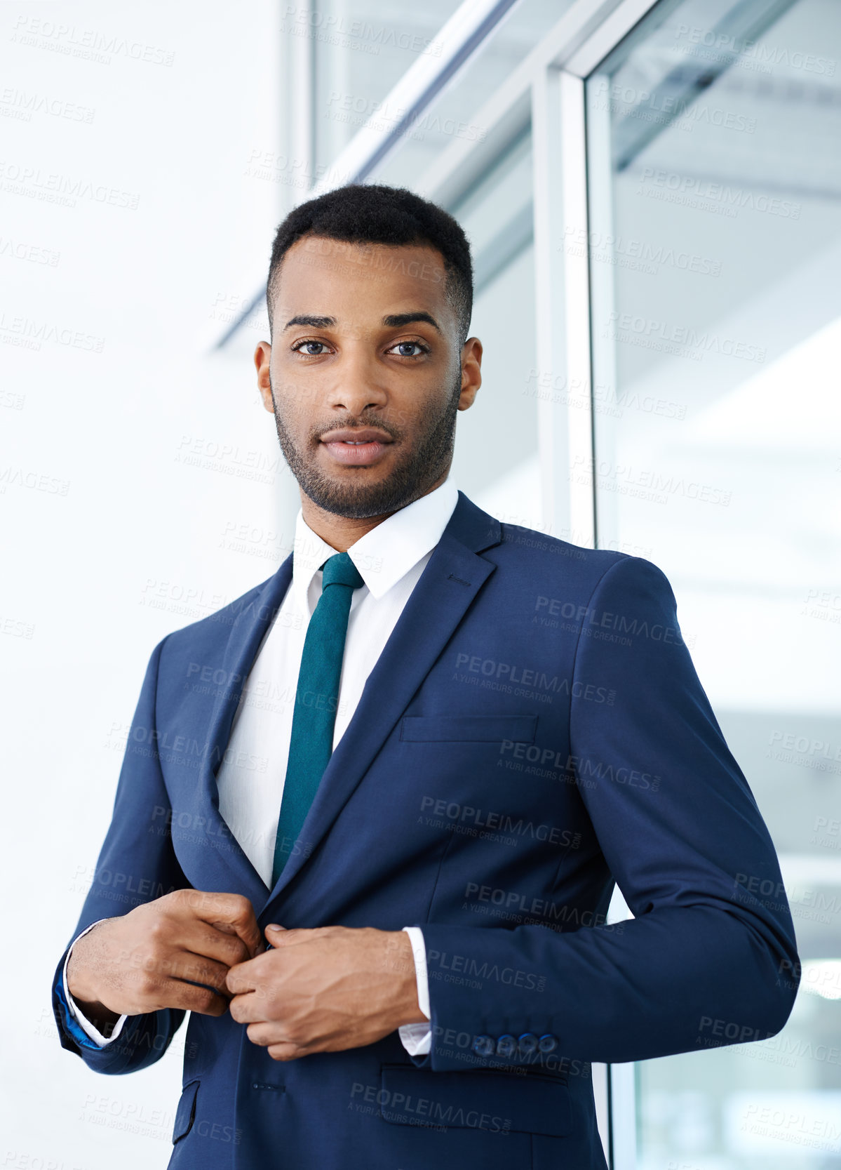 Buy stock photo Confident, portrait or black businessman in office with suit, skills and investment banking career. Blazer, broker and African banker in commercial or corporate institution with style or pride