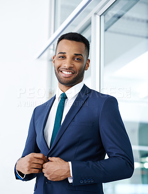 Buy stock photo Portrait, smile and black man in office with suit for corporate career, job or pride. Face, business and confident professional entrepreneur, happy worker and insurance broker in workplace in Kenya