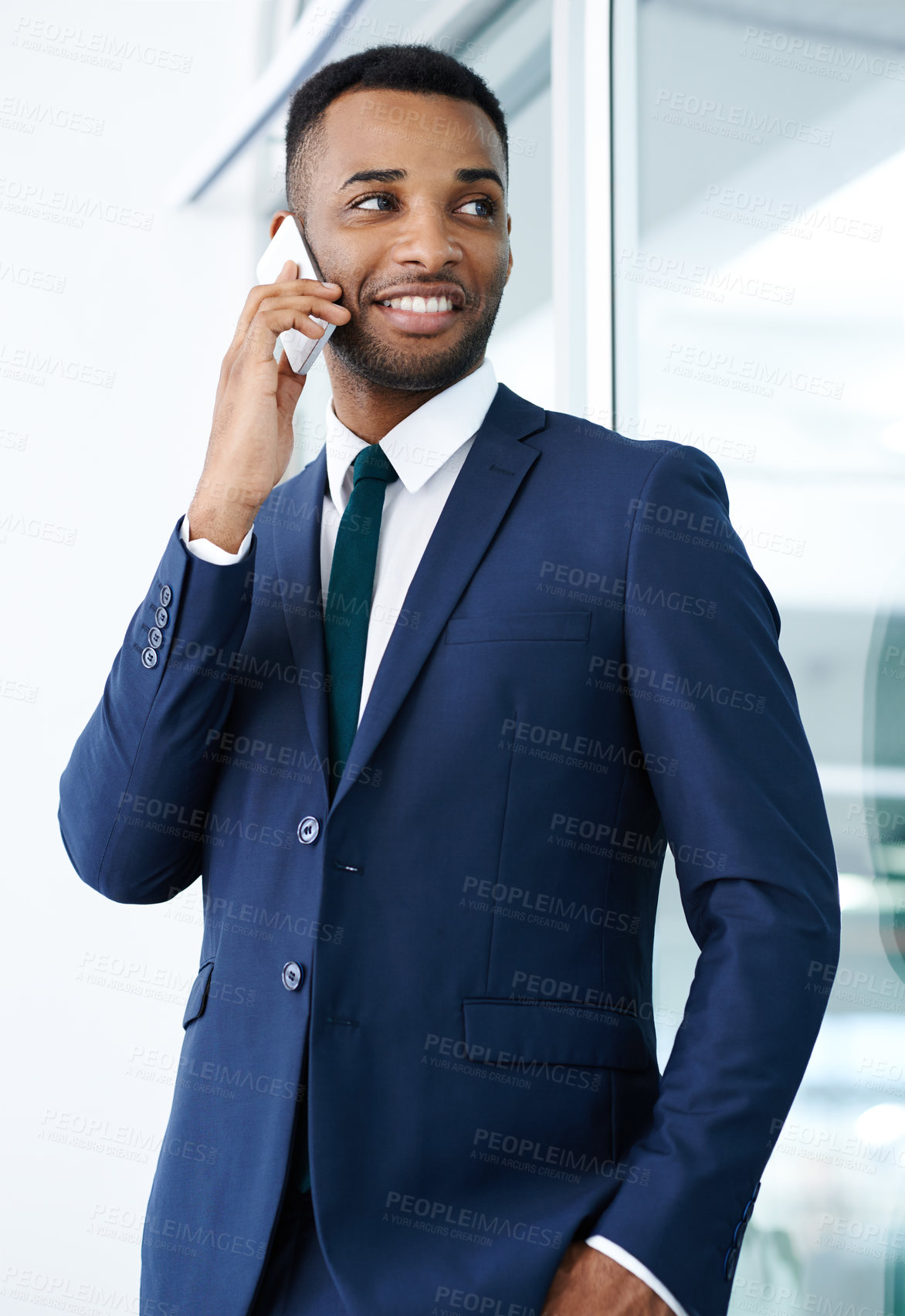 Buy stock photo Business, phone call and black man in suit, employee and contact for negotiation, conversation and talking. African person, professional and accounting with discussion for financial portfolio or chat