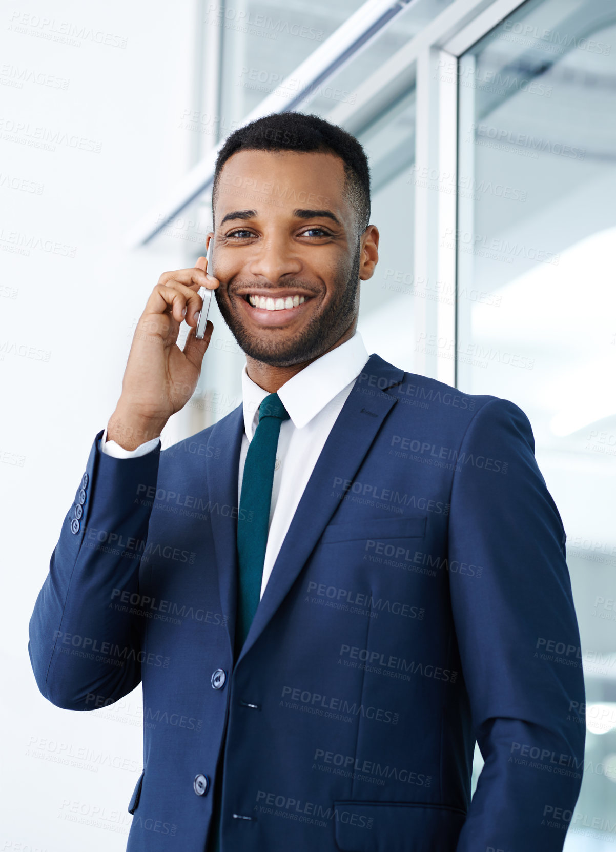 Buy stock photo Phone call, black man and portrait in office for business, communication and career success. Smile, male lawyer and tech in city for legal advice, deal and judicial negotiation with client or judge