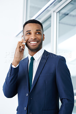 Buy stock photo Business, phone call and black man in suit, talking and contact for negotiation, feedback and b2b deal. African person, professional or accounting with discussion for financial portfolio or smile