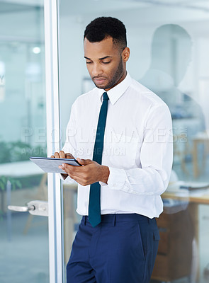 Buy stock photo Businessman, tablet and reading or scroll in office for digital app and research for investing. Realtor, technology and internet with schedule and email for professional career in real estate agency