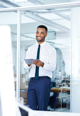 Buy stock photo Businessman, tablet and thinking in office with digital app for research and investment. Realtor, technology and internet for agenda and idea for email or professional career in real estate agency