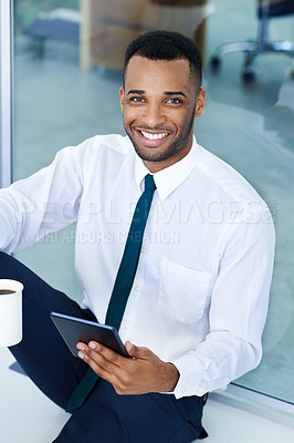 Buy stock photo Portrait, businessman or tablet in office for connection, streaming content or education videos for career. Search, black person or accountant with digital for finance tips, learning or online report