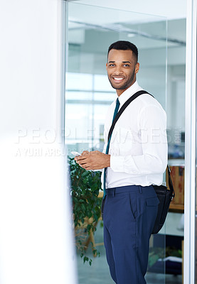 Buy stock photo Business, African man and portrait with smartphone in workplace, happy and email or company website or online communication. Texting, app and office job, employee and social media tech for work
