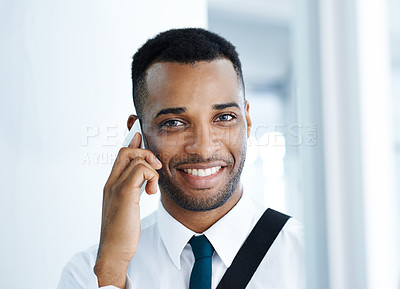 Buy stock photo Black businessman, portrait and smile in office for phone call, communication and career. Happy, lawyer man or tech in city for legal advice, deal or judicial negotiation with client or judge