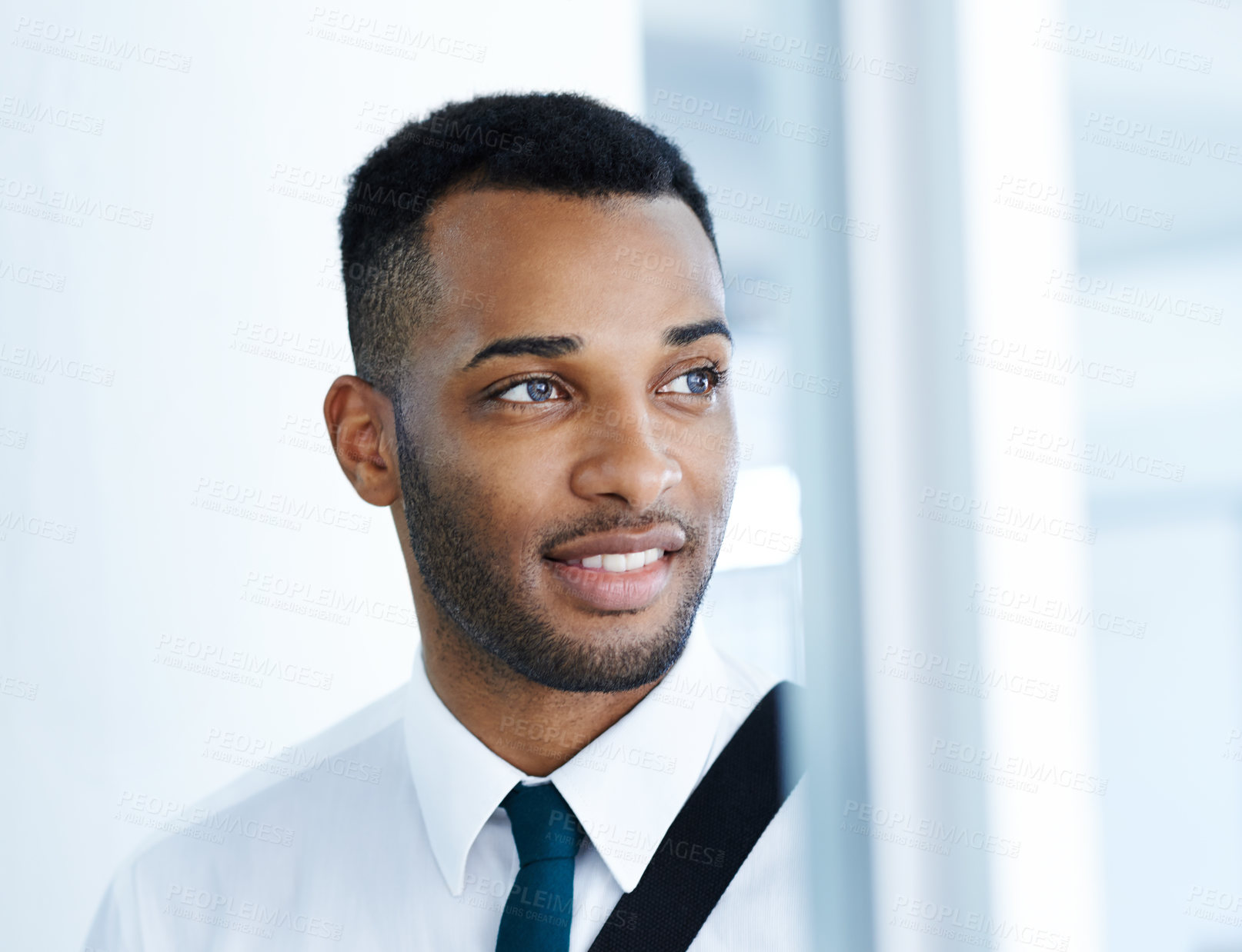 Buy stock photo Black businessman, thinking and ideas in office with window, option and investment banking career choice. Confidence, proud broker and African banker in corporate institution with dream and decision