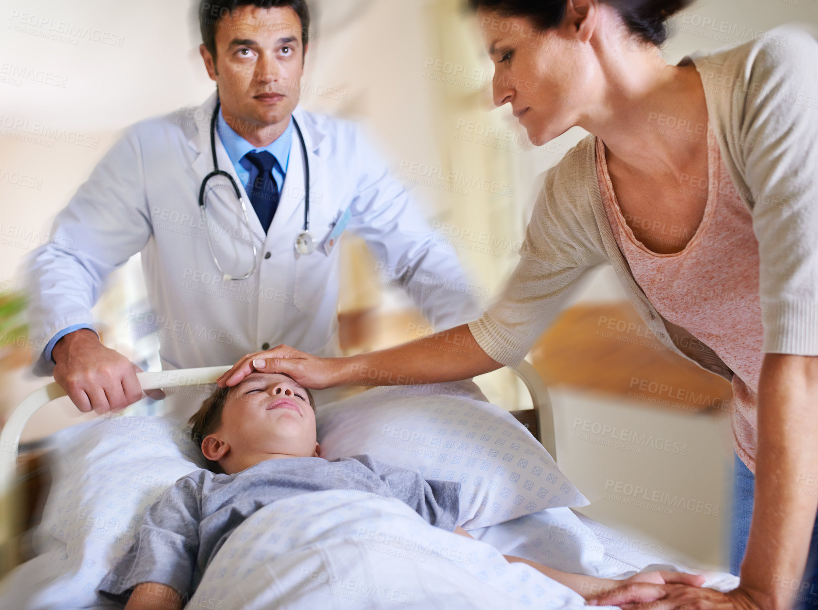 Buy stock photo Hospital bed, doctor and son with mama in hallway, emergency and wellness with disease. Speed, family and woman with kid, professional in lobby and rush with child, healthcare and pushing in corridor