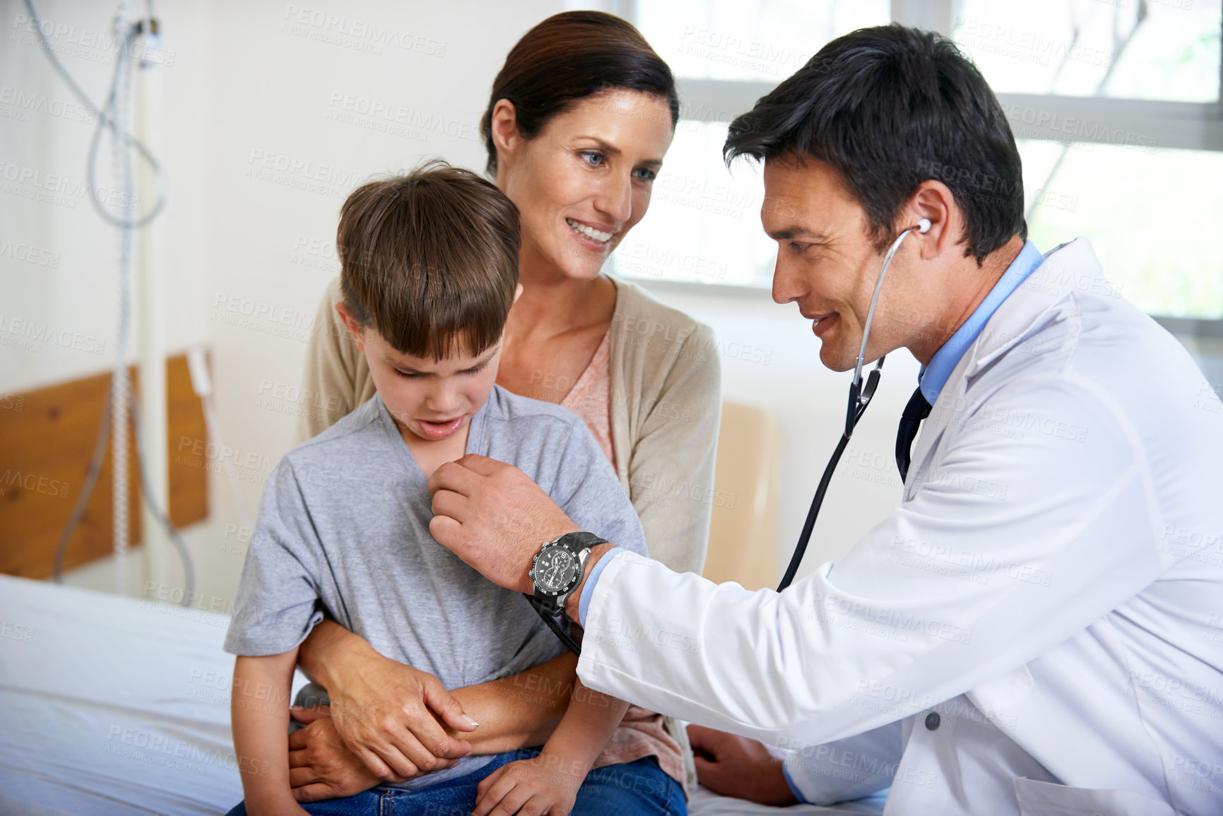 Buy stock photo Child, mother and doctor with stethoscope in hospital for consulting, breathing and lungs development of asthma. Family, pediatrician and patient for cardiology exam, monitor heart and medical health