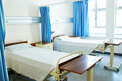 Buy stock photo Hospital, healthcare and bedroom for wellness, healing and consulting for recovery or support. Curtains, empty room and furniture in clinic for service, emergency or rehabilitation for sick patient 