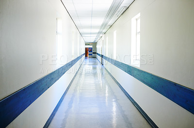 Buy stock photo Corridor, interior and medical with ward in hospital for emergency, medicine or wellness. Background, hallway and healthcare with empty clinic for appointment, checkup or recovery from surgery