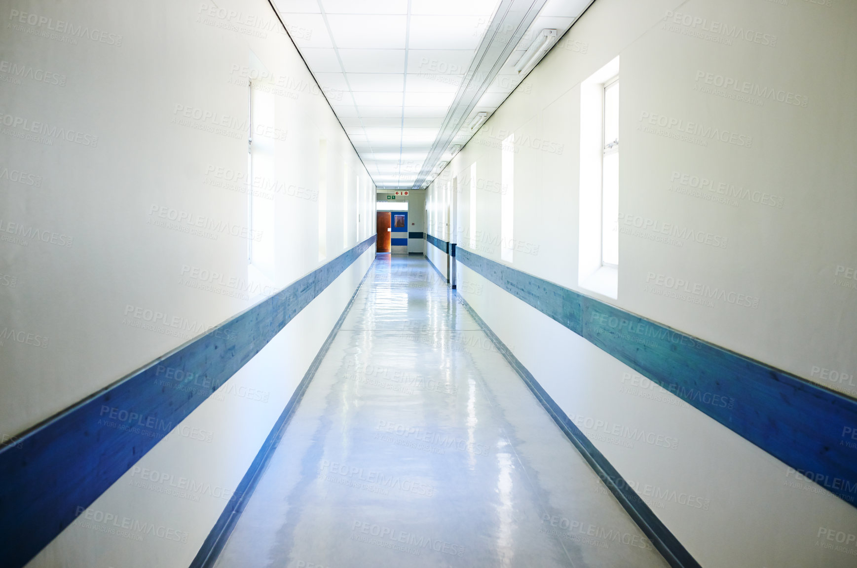 Buy stock photo Corridor, interior and medical with ward in hospital for emergency, medicine or wellness. Background, hallway and healthcare with empty clinic for appointment, checkup or recovery from surgery