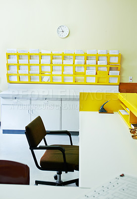 Buy stock photo Hospital, chair and reception area with table, administration and ward management with patient records. Information desk, medical insurance and clinic for healthcare, check in and emergency service