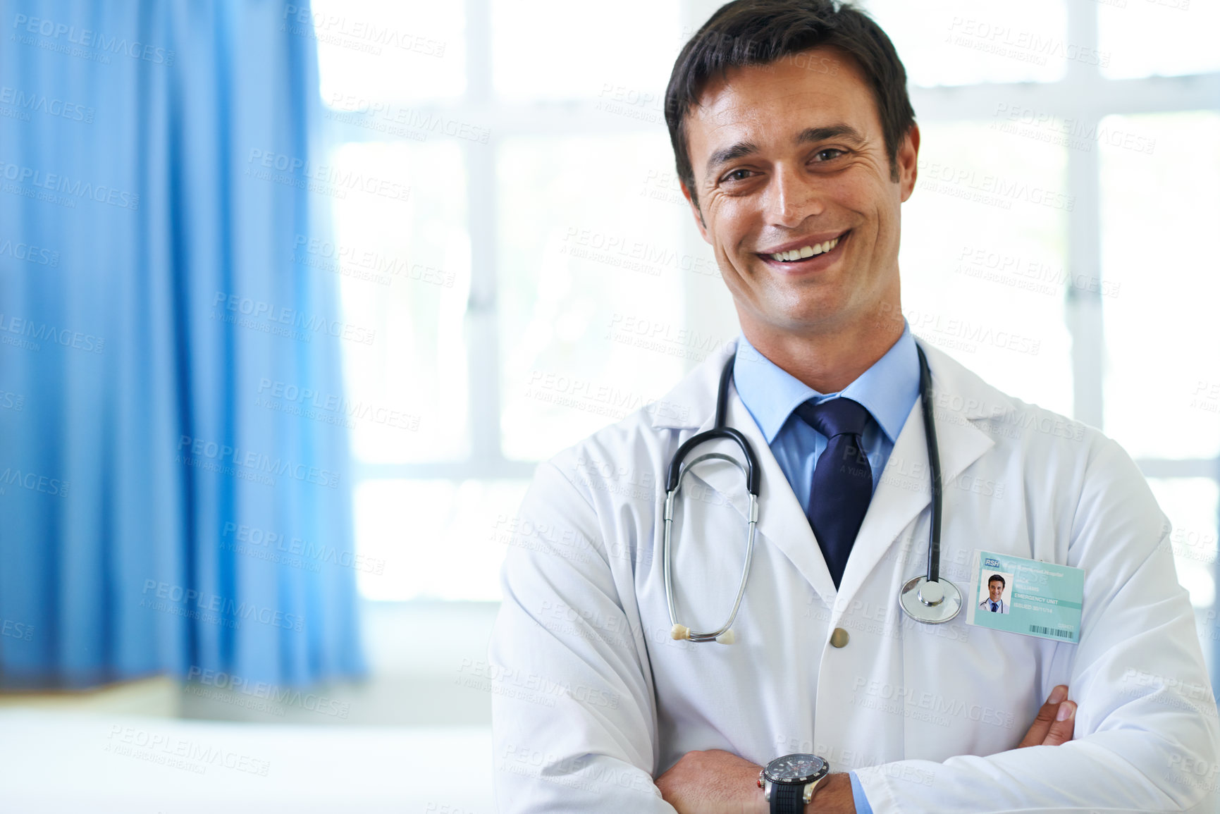 Buy stock photo Portrait, doctor and man with confidence, arms crossed and happy for first day in hospital, proud and expert. Clinic, medical professional and smile of person, healthcare and lab coat for employee