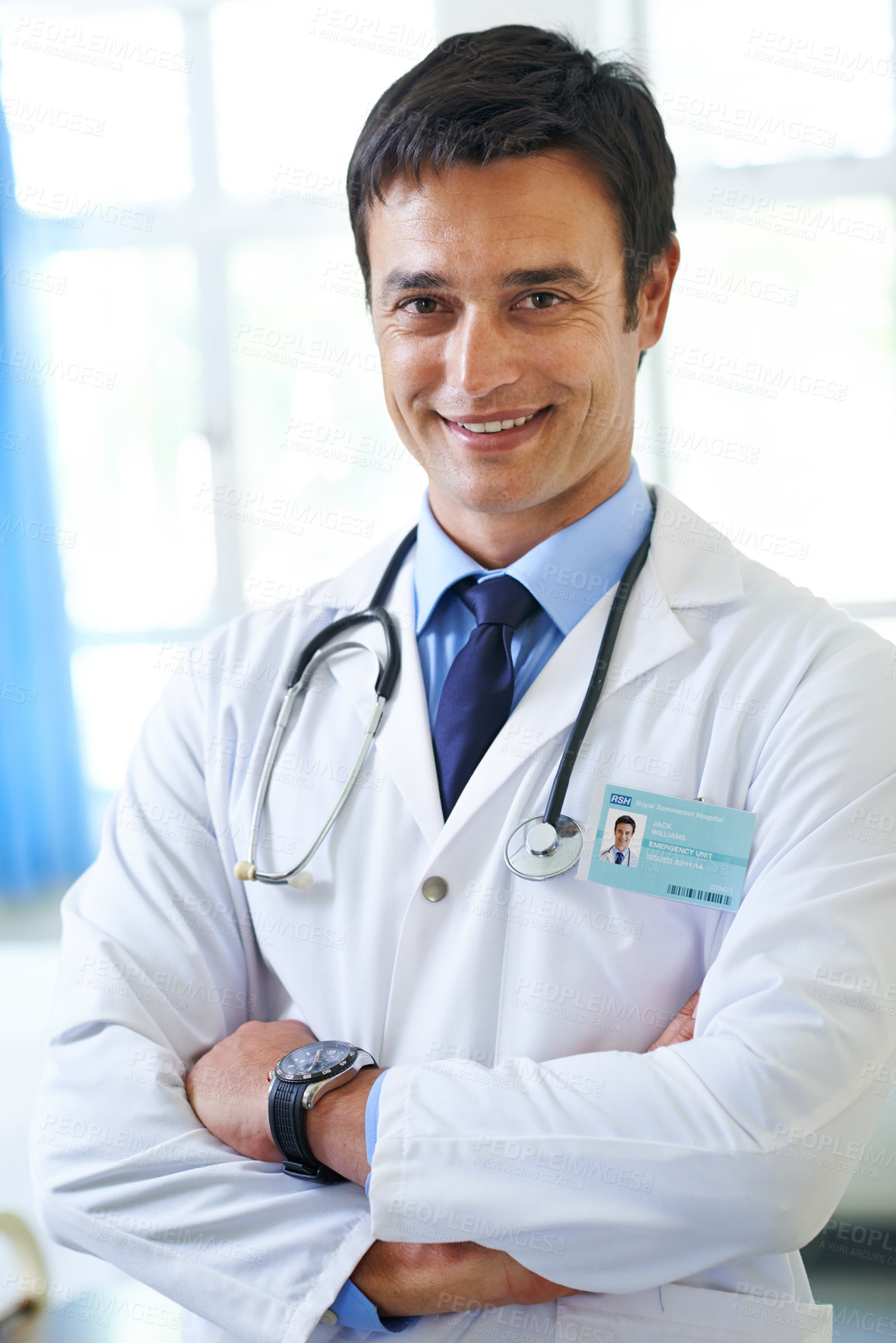 Buy stock photo Portrait, doctor and proud with smile, arms crossed and happy for first day in hospital, man and expert. Clinic, medical professional and confidence of person, healthcare and lab coat for employee