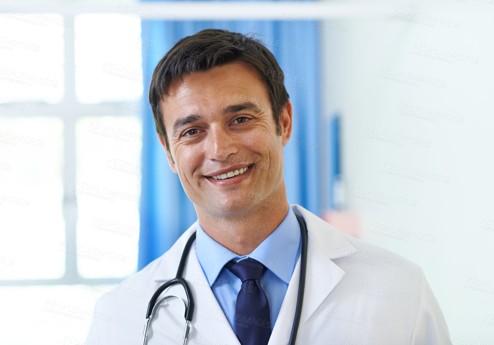 Buy stock photo Portrait, doctor and man in healthcare, hospital and happy for first day of employee, proud and expert. Clinic, medical professional and confidence of person, smile and lab coat for service and help