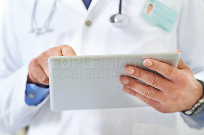 Buy stock photo Hands, healthcare and tablet with doctor in hospital closeup for appointment, checkup or medical records. Medicine, insurance and research with professional in clinic for consulting or diagnosis