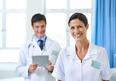 Buy stock photo Happy, woman and portrait of nurse in hospital for patient care in emergency unit, healthcare and professional. Female medical worker, pride and proud of career in helping people, insurance and trust