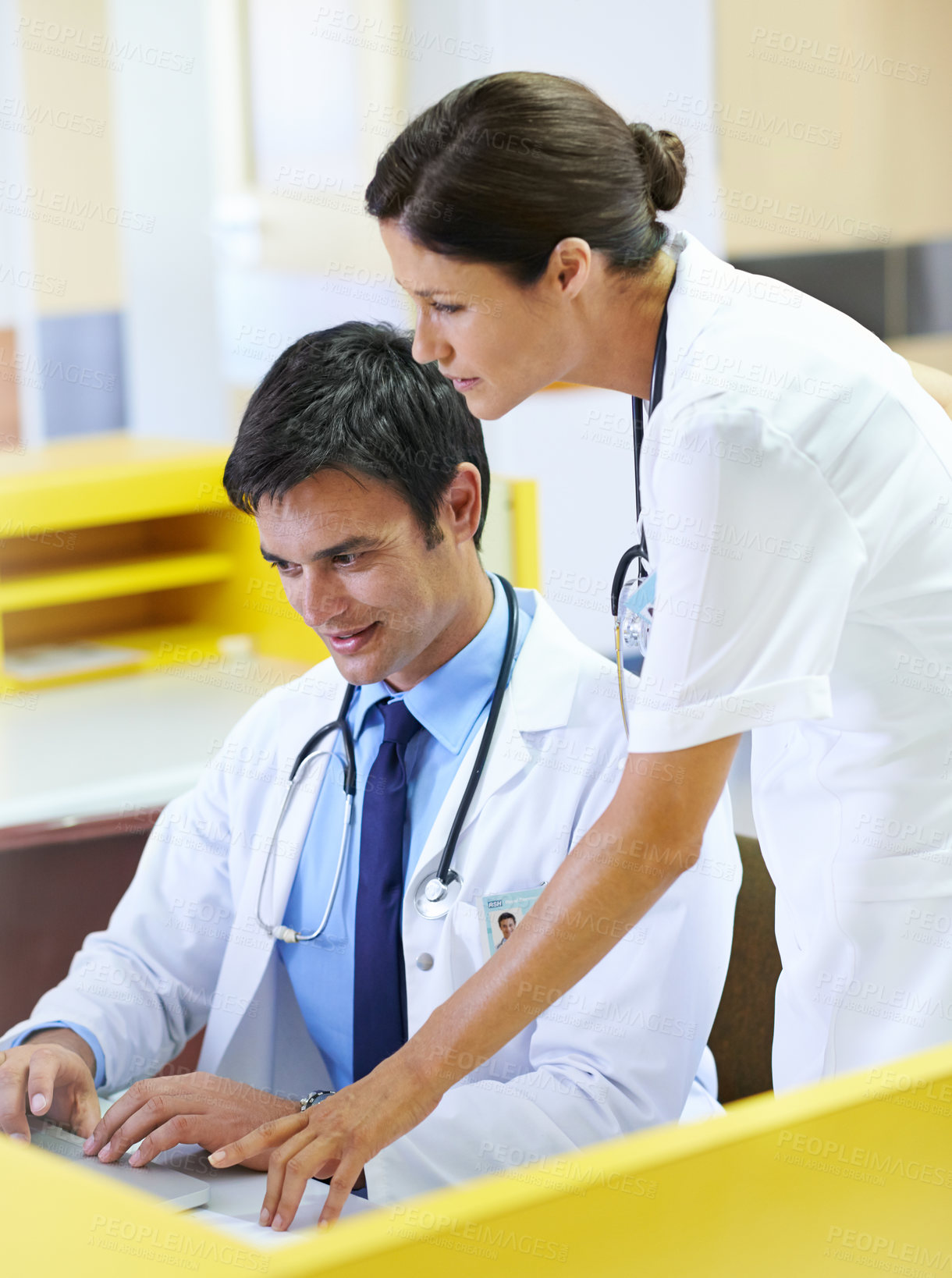 Buy stock photo Doctor, nurse and front desk talking in hospital, discussion and planning for patient schedule in clinic. Medical employees, healthcare service and people together, teamwork and professional