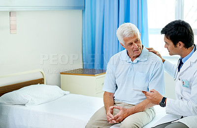 Buy stock photo Doctor, senior man patient and talking with paperwork, results and news for health in retirement at clinic. Men, medic and consultation for wellness, healthcare and discussion in hospital mock up