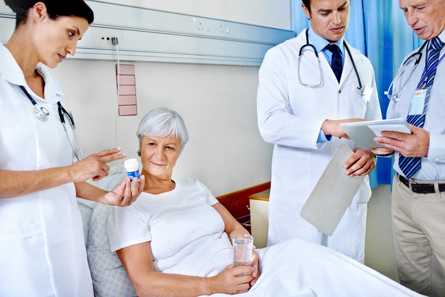 Buy stock photo Hospital, pills and nurse with old woman, smile and communication for health of patient and medical. Clinic, wellness and doctors with senior person, water and medicine in appointment of healthcare