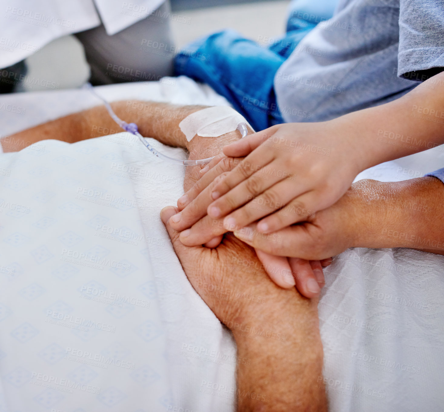 Buy stock photo Sick person, family and holding hands in hospital with support for surgery, love and solidarity. Patient, group of people and closeup empathy for accident injury, kindness and care together in clinic