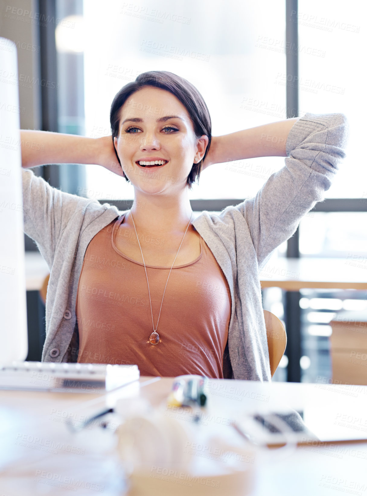 Buy stock photo Computer, relax and happy woman in startup resting with complete project, online report or work. Job done, finish or relieved professional female journalist stretching arms at desk in media agency