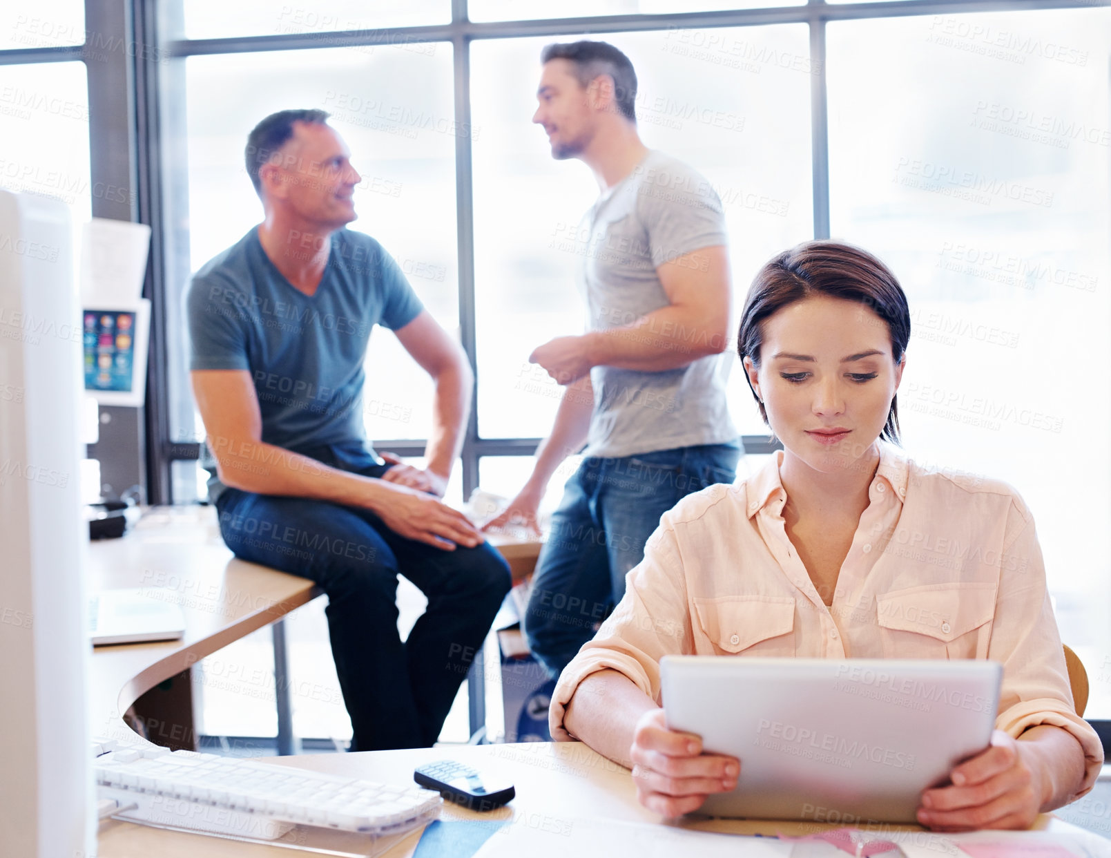 Buy stock photo Reading, creative agency and businesswoman with tablet for network, startup and planning for search. Online, connect or graphic designer in office for information, business or productivity with pride