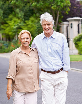 Buy stock photo Portrait, smile or old couple on road to relax or enjoy bonding together in retirement for peace. Happy, senior woman and proud elderly man on street with care, support or love in quiet neighborhood