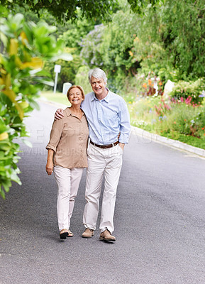 Buy stock photo Portrait, smile or senior couple on road to relax or enjoy bonding together in retirement for peace. Happy, woman and elderly man on street with care, support or health in quiet neighborhood