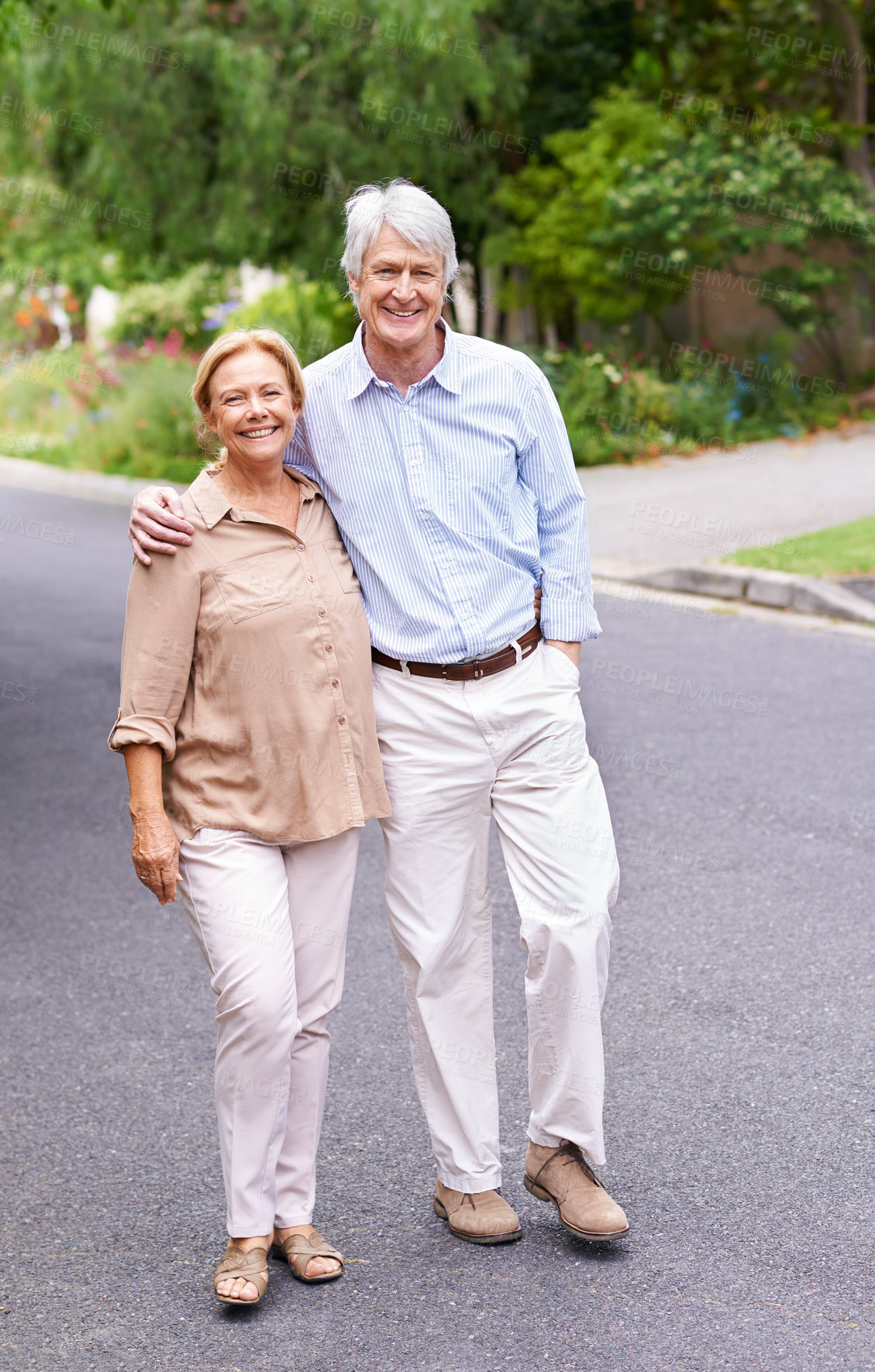 Buy stock photo Portrait, hug or happy senior couple on road to relax or enjoy bonding together in retirement for peace. Mature, woman and elderly man on street with love, support or health in quiet neighborhood