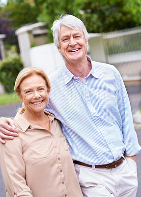 Buy stock photo Portrait, elder or happy couple on road to relax or enjoy bonding together in retirement for peace. Mature, senior woman and confident man on street with love, support or care in quiet neighborhood