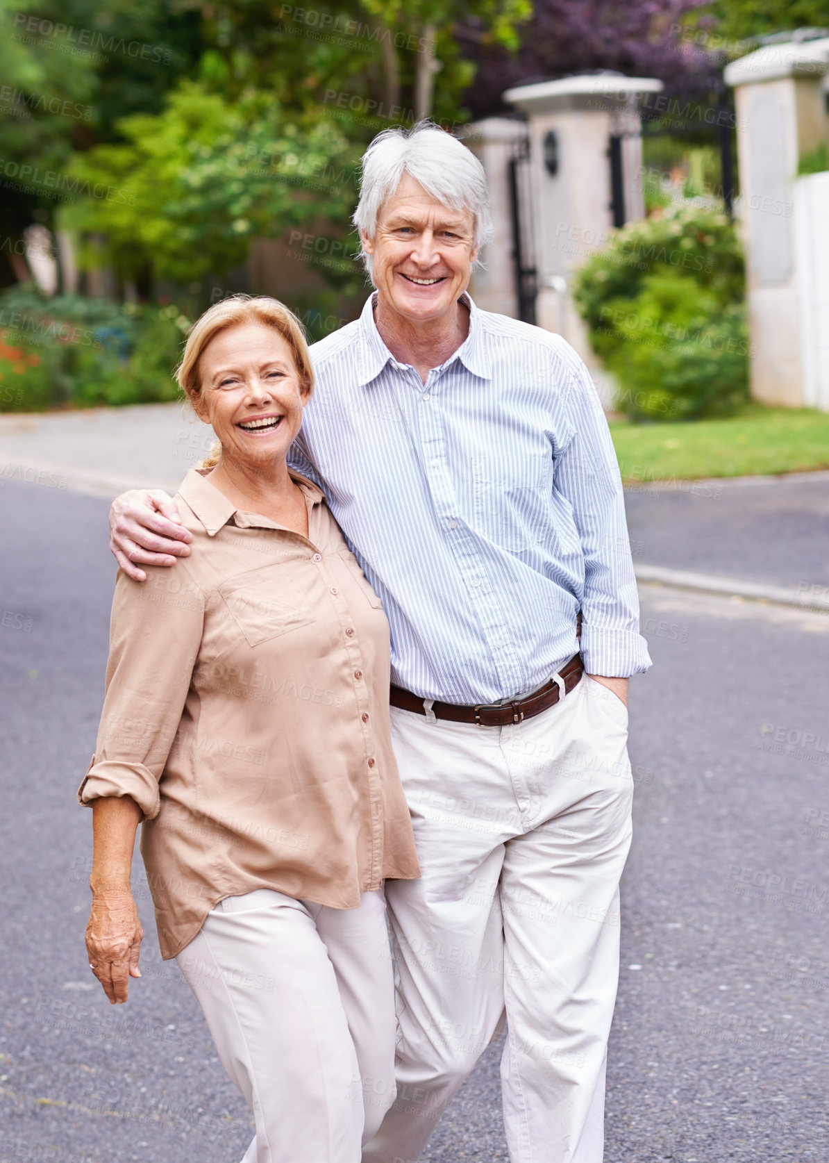 Buy stock photo Portrait, hug or happy old couple on road to relax or enjoy bonding together in retirement for peace. Steps, senior woman and man on street with love, support or health in quiet neighborhood