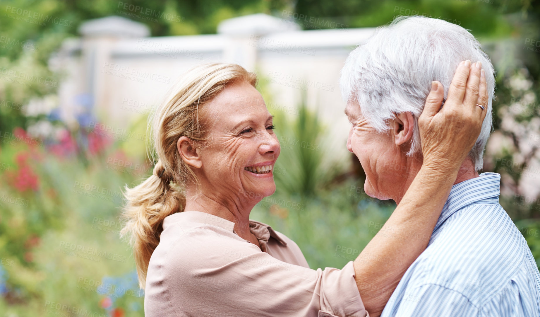 Buy stock photo Romantic, love or senior couple in garden to relax, care or enjoy bonding together in retirement. Nature, mature woman or happy elderly man in park for trust, support or peace in marriage commitment