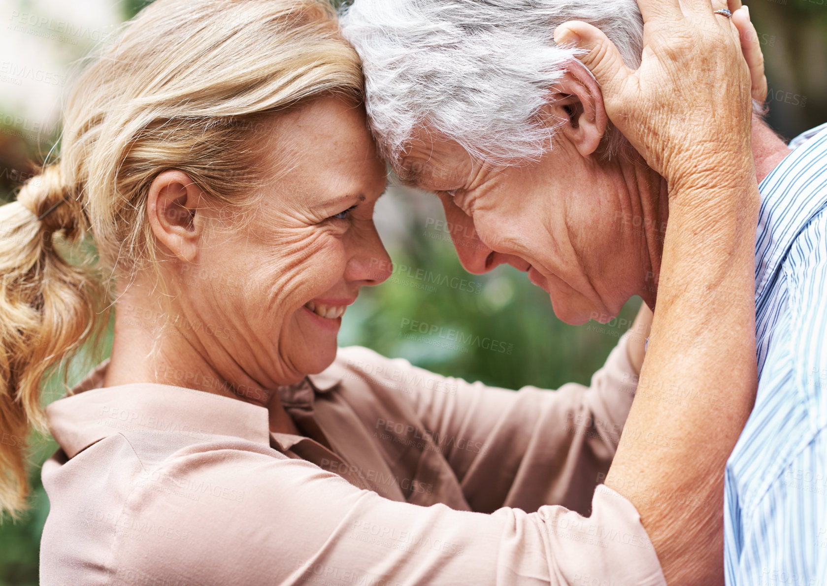 Buy stock photo Romantic, love or happy elderly couple in park to relax, care or enjoy bonding together in retirement. Nature, mature woman or senior man in garden for trust, support or peace in marriage commitment