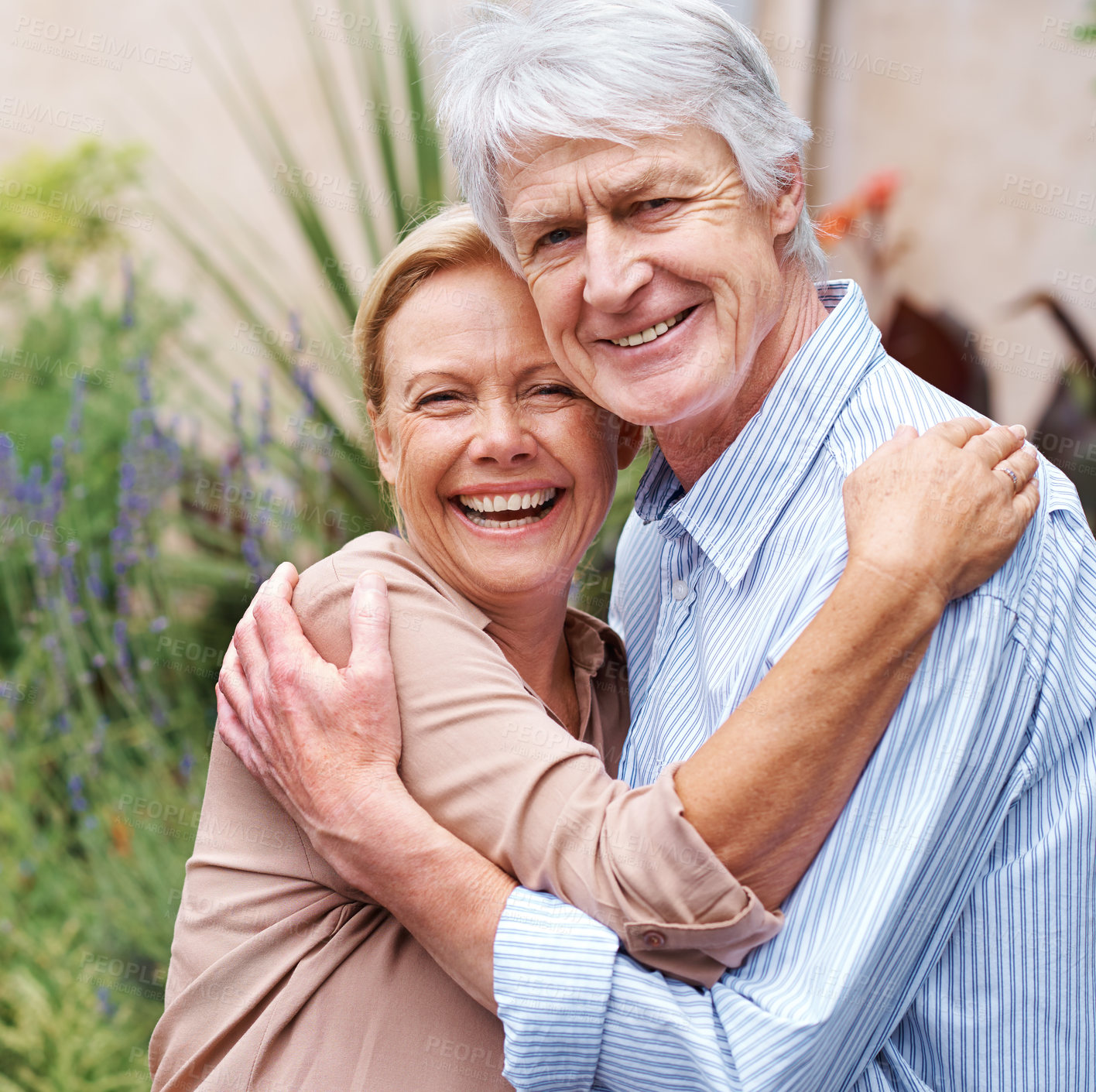 Buy stock photo Portrait, hug or elderly couple in park to smile, embrace or enjoy bonding together in retirement. Nature, mature woman or happy senior man in nature with love, support or care in quiet neighborhood