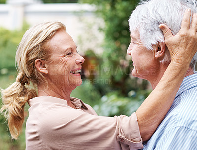 Buy stock photo Romantic, love or elderly couple in garden to relax, care or enjoy bonding together in retirement. Nature, mature woman or happy senior man in park for trust, support or peace in marriage commitment