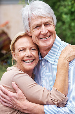 Buy stock photo Portrait, hug or elderly couple in garden to smile, embrace or enjoy bonding together in retirement. Park, mature woman or happy senior man in nature with love, support or care in marriage commitment