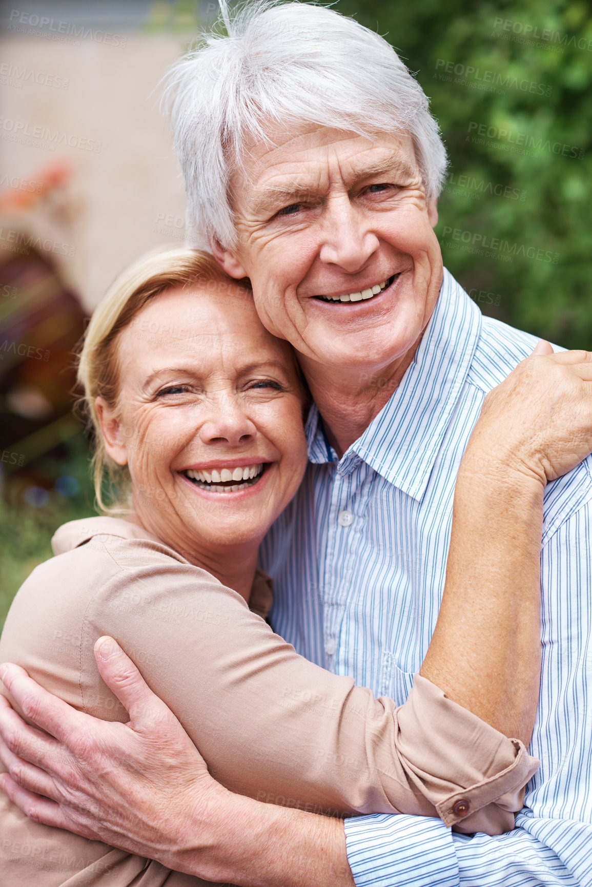 Buy stock photo Portrait, hug or elderly couple in garden to smile, embrace or enjoy bonding together in retirement. Park, mature woman or happy senior man in nature with love, support or care in marriage commitment